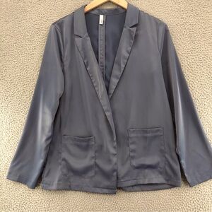 Glam Blazer Womens Large Black Satin Pockets Open Front Lightweight Office Work